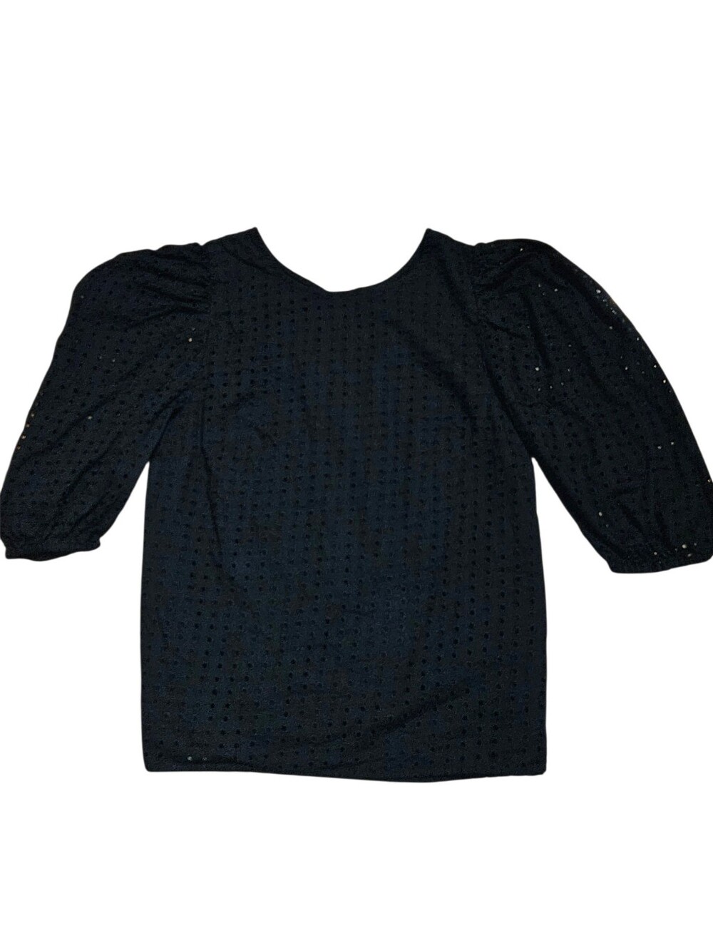 A New Day Black Cotton Eyelet Short Puff Sleeve Fully Lined Blouse Size Medium